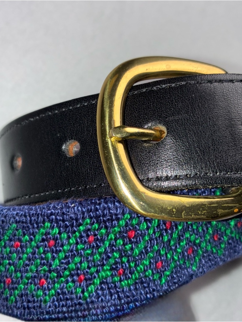 Men’s Embroidered Belt Navy Blue Green Size 32 Solid Brass Brown Leather Golf
